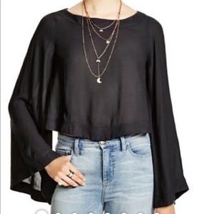 Free People Black Long Bell Sleeve Sheer Crop Top